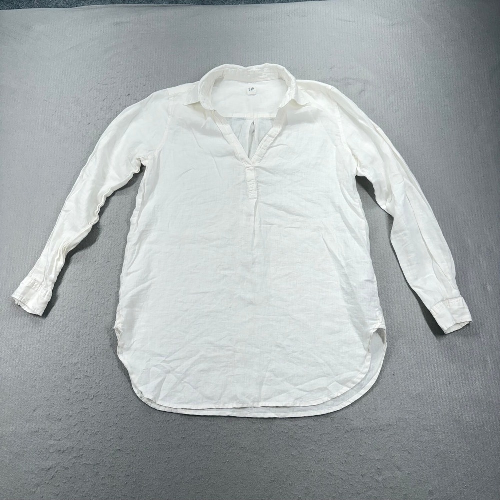 Gap Linen Tunic Top Womens Small White V-Neck Long Sleeve Pullover Shirt